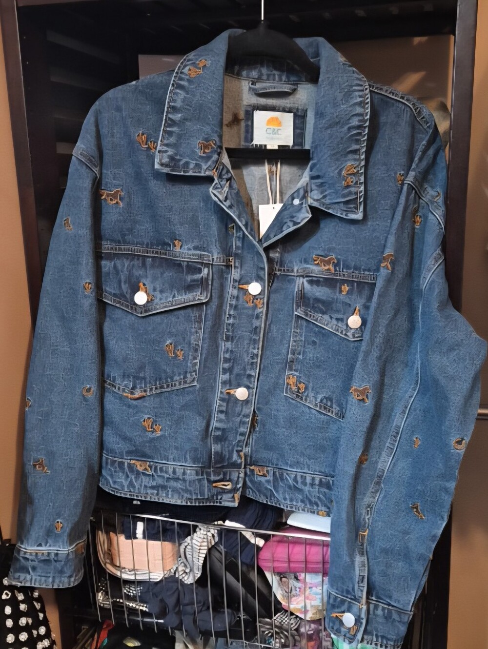 C&C California Women's Blue Embroidered Western Denim Jean Jacket Size XL